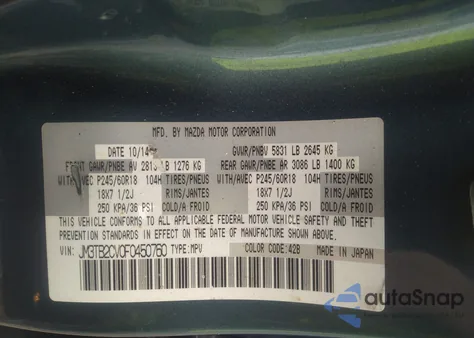 2015 Mazda Cx-9 Touring from USA, damaged, VIN JM3TB2CV0F0450760